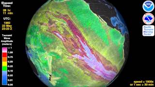 Tsunami Animation Valdivia Chile 1960 rotating globe [upl. by Atinram706]