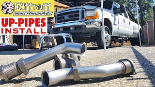 2001 F350 73  RiffRaff UpPipes Install  Stock up pipes leaking and falling apart JUNK SP [upl. by Lexerd934]