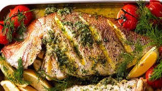 Whole Baked Fish  Herb Stuffed with Garlic Butter Dill Sauce [upl. by Loseff132]