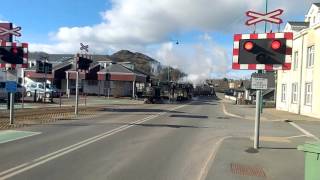 Steam trains crossing the road bridge in Porthmadog [upl. by Nadbus]